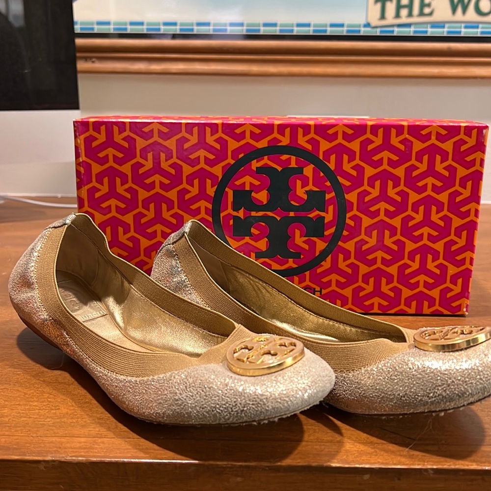 Tory Burch Caroline Ballet Flats Vintage Metallic Gold/Camel Size 8